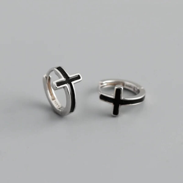 Black Enamel Cross Sterling Silver Huggie Earrings for Women Jewelry