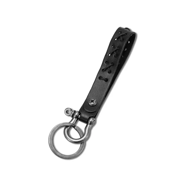 Black Handmade Leather Wrist Strap Keychain with Ring -