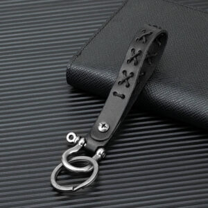 Black Handmade Leather Wrist Strap Keychain with Ring