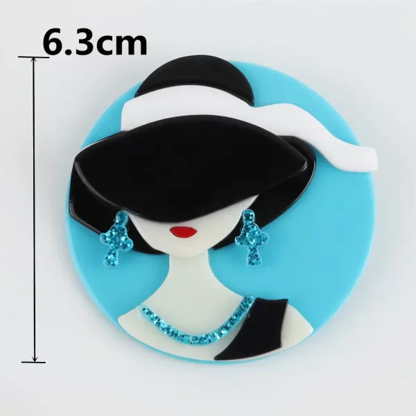 Black Hat and Blue Earrings Woman Brooch Size