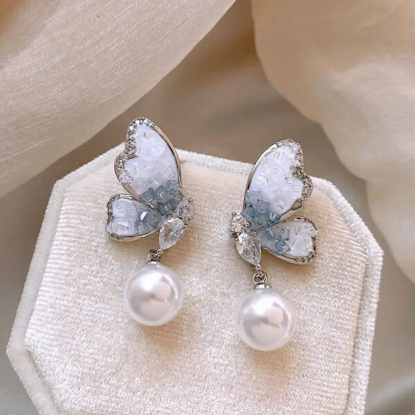 Blue Crystal Butterfly Pearl Dangle Earrings