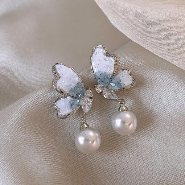 Crystal Butterfly Pearl Dangle Earrings Fashion Lady Jewelry (1)