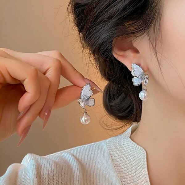 Crystal Butterfly Pearl Dangle Earrings Fashion Lady Jewelry (2)
