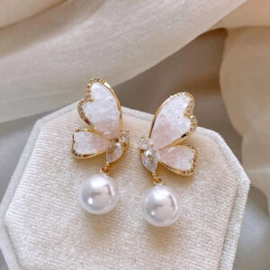 Crystal Pink Butterfly Pearl Dangle Earrings Fashion Lady Jewelry