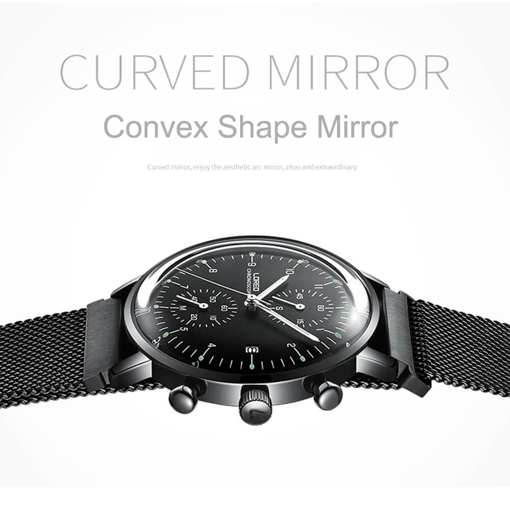 Curved mirror mens steel watch