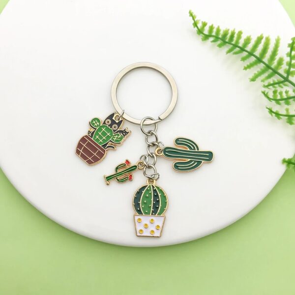 Cute Green Cactus Pot Enamel Keychain Set