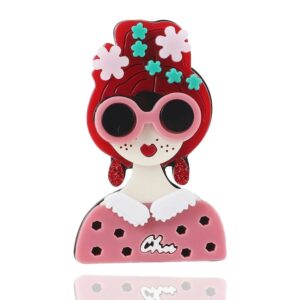Lady Brooch With Sunglasses And Hat On Her Head