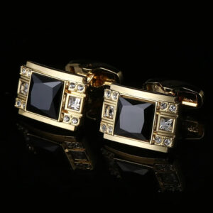 Luxury Gold Mens Cufflinks with Black Crystal and White CZ