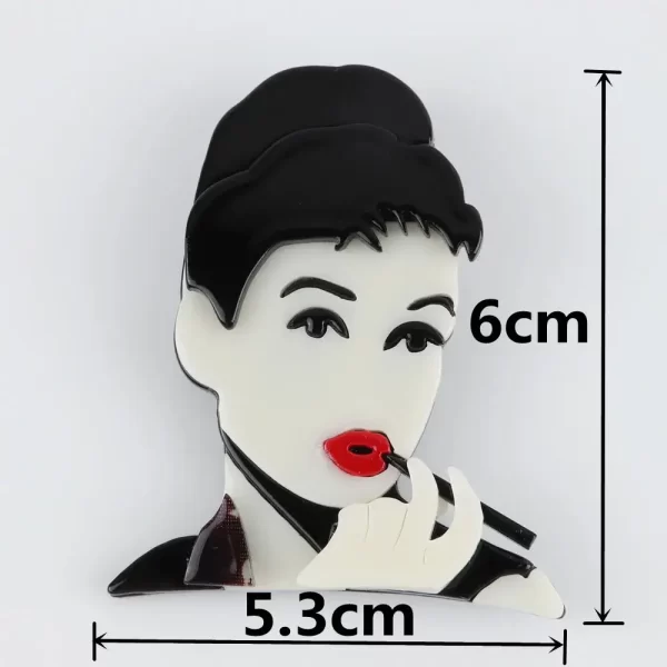 Red Lips and Black Hair Woman Pin Brooch Size