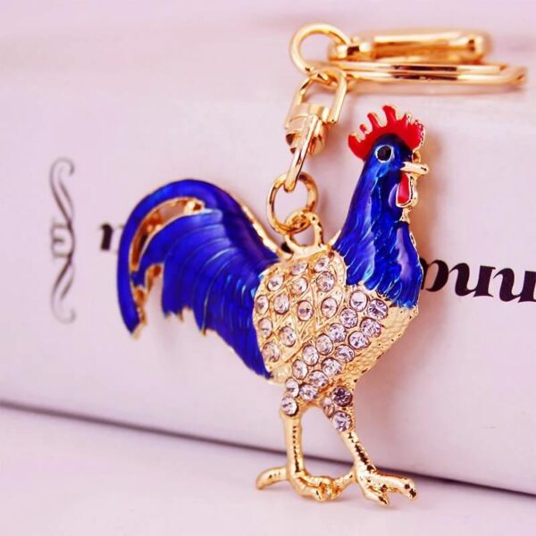 Rhinestone Rooster Chicken Metal Keychain - blue