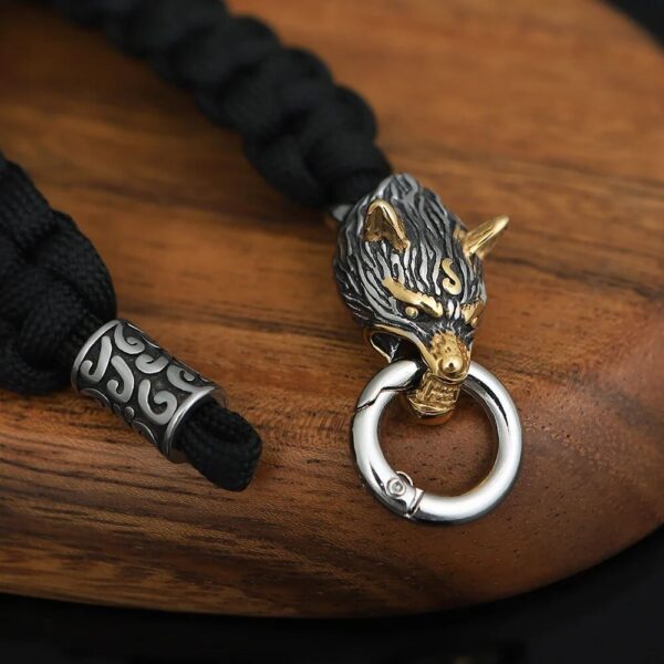 Stainless Steel Fenrir Wolf Head Paracord Keychain - gold