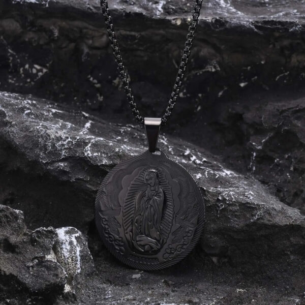 Black Large Virgin Mary Coin Pendant Necklace