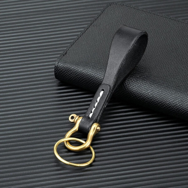 Black Leather Keychain with Brass Horseshoe Buckle