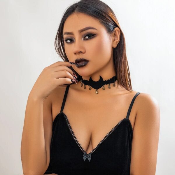 Black Moon Star Choker With Adjustable Bowknot Rope Chain (1)