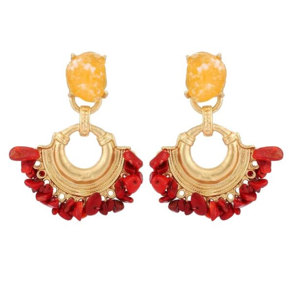 Bohemian Style Gold Hoop Gemstone Irregular Beads Earrings - red
