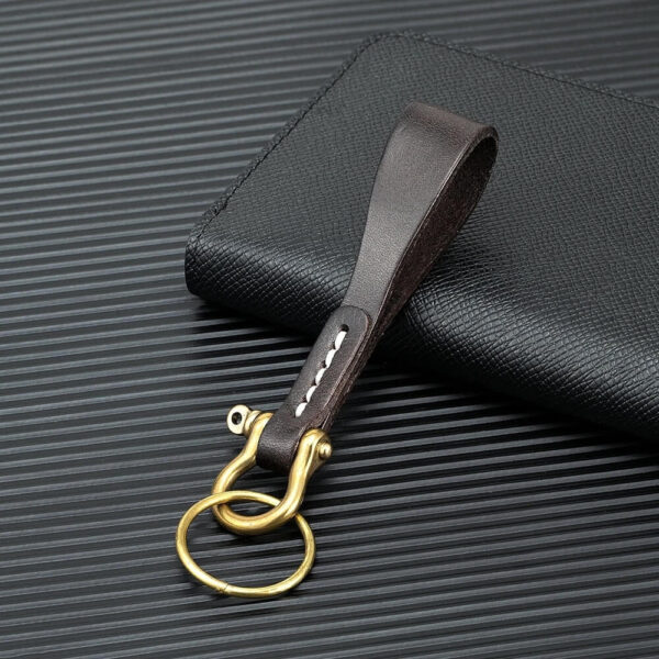 Coffee Leather Keychain with Brass Horseshoe Buckle