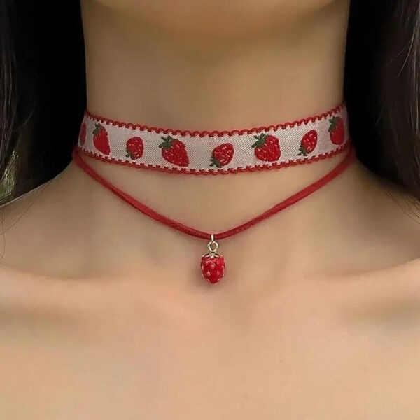 Cute Choker Necklace with Sweet Strawberry Charm Pendant