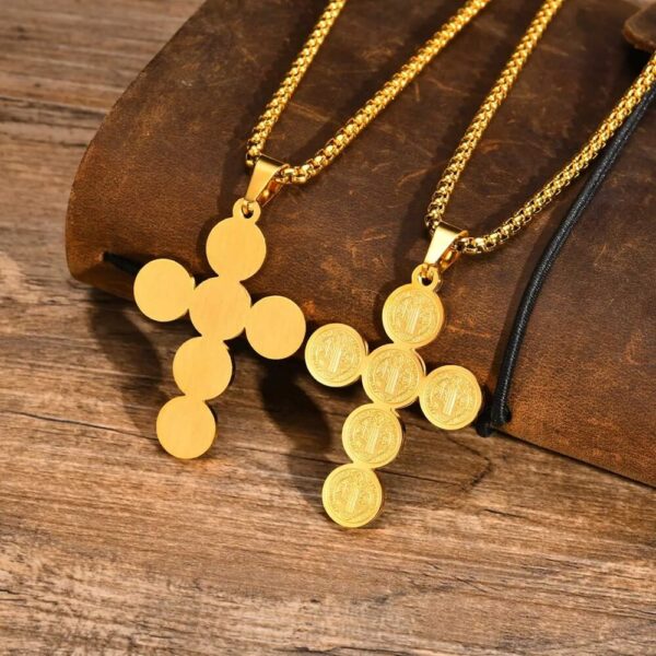 Gold Tone St Benedict Cross Pendant Necklace (1)
