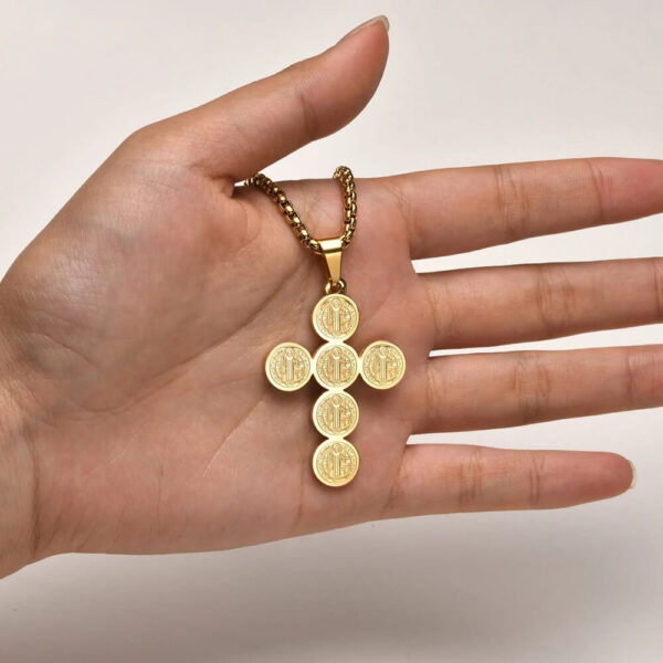 Gold Tone St Benedict Cross Pendant Necklace