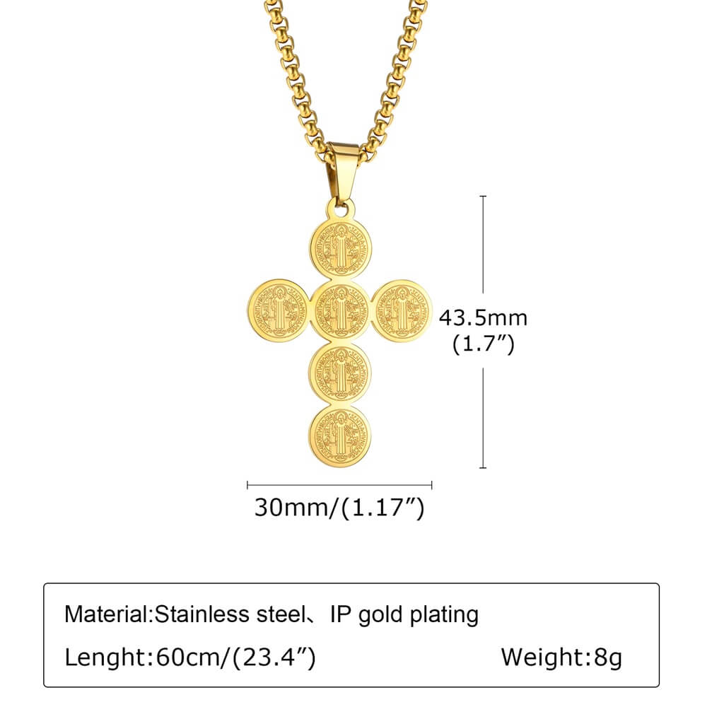 Gold Tone St Benedict Cross Pendant Necklace Size