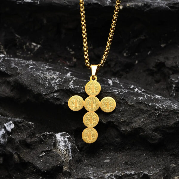 Gold Tone St Benedict Cross Pendant Necklace Unisex Jewelry