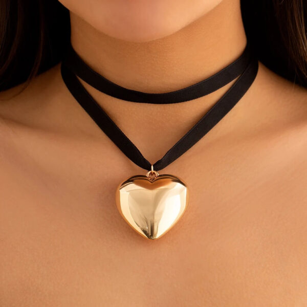Large Gold Love Heart Pendant Black Velvet Choker Necklace