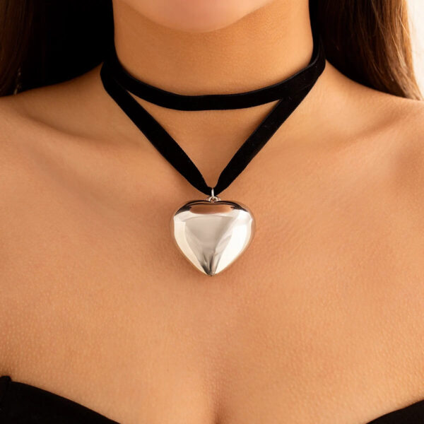Large Silver Love Heart Pendant Black Velvet Choker Necklace