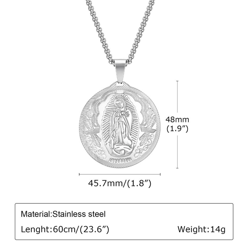 Large Virgin Mary Coin Pendant Necklace Size info