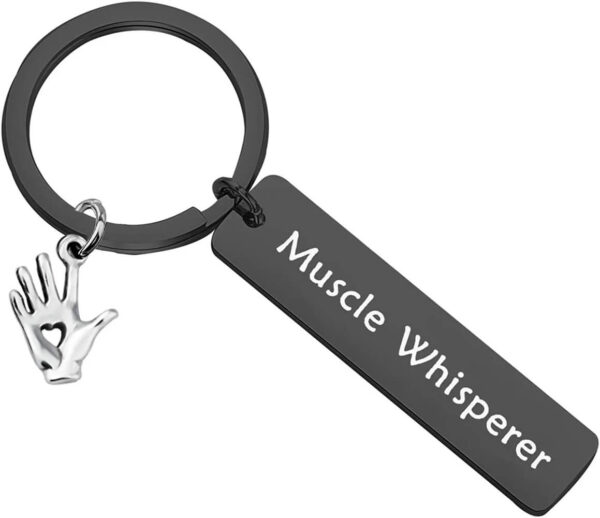 Muscle Whisperer Rectangle Keychain With Heart Hand Charm