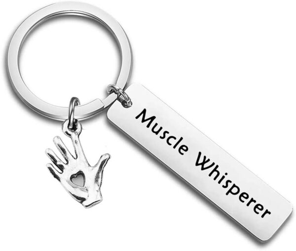 Muscle Whisperer Rectangle Keychain With Heart Hand Charm - Silver