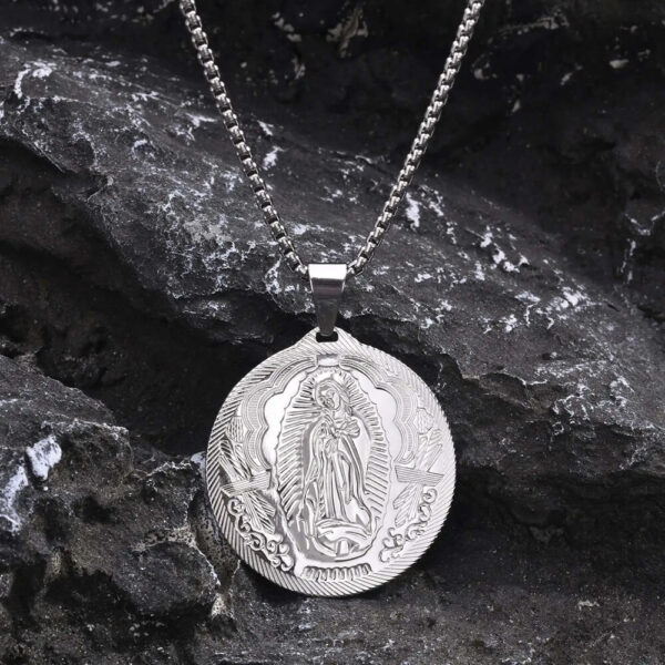 Silver men's Large Virgin Mary Coin Pendant Necklace
