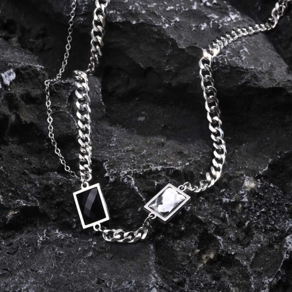 Stainless Steel Cuban Chain Necklace with Square CZ Charms