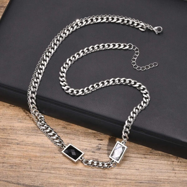 Stainless Steel Cuban Chain Necklace with Square Geometric CZ Charms