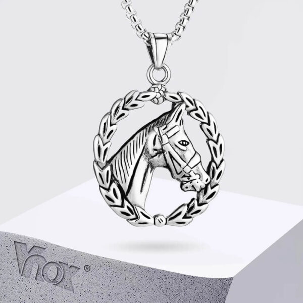 Stainless Steel Vintage Round Steed Horse Head Pendant Necklace