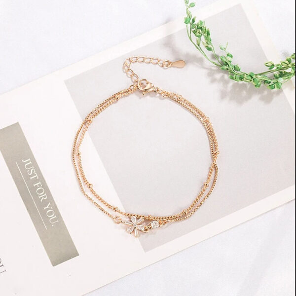 rose_gold Cherry Blossom CZ Sakura Shape Double Chain Bracelet