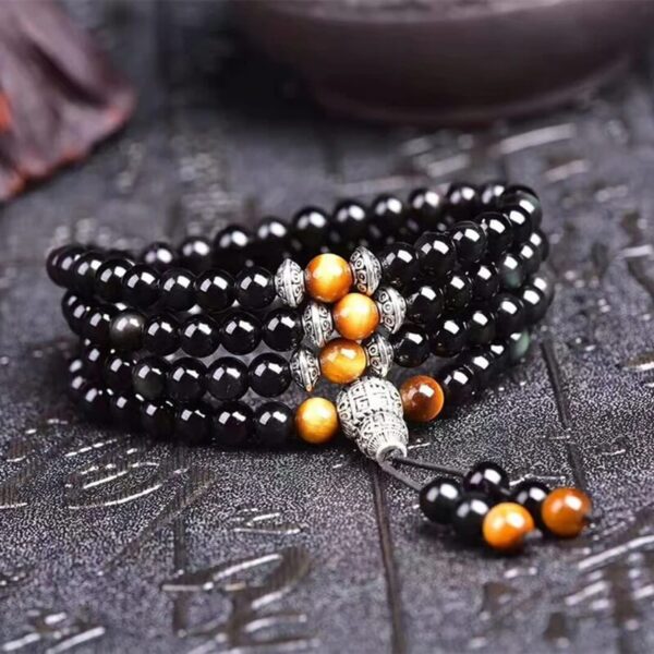 Black Obsidian Tiger Eye Buddha Stones Blessing Mala Bracelet