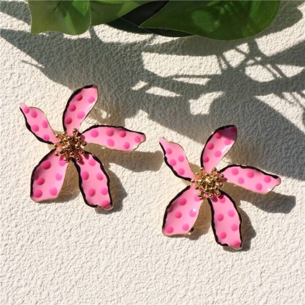 Large Polka Dot Pink Flower-Shaped Stud Earrings