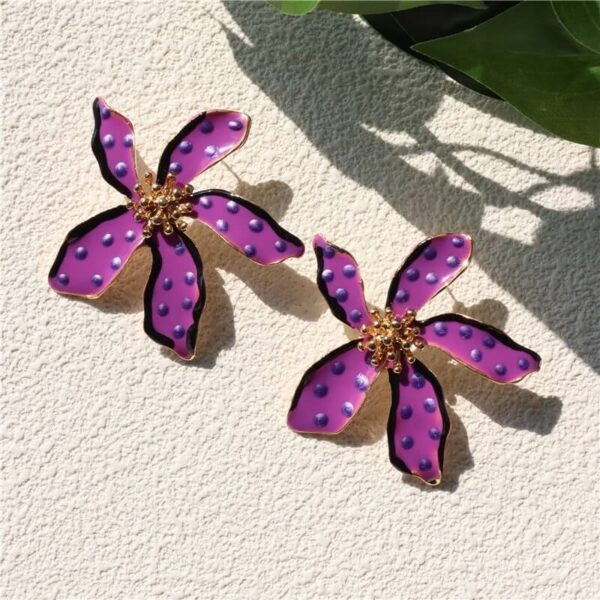 Large Polka Dot Purple Flower-Shaped Stud Earrings