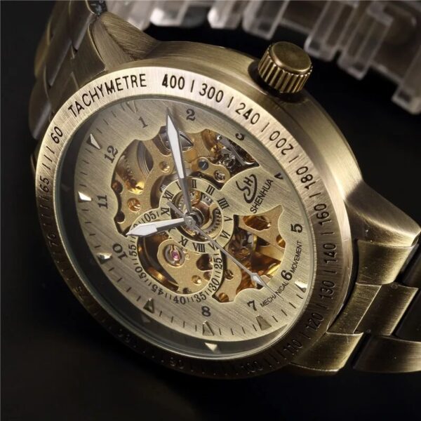 Retro Bronze Tone Skeleton Mechanical Watch (2)