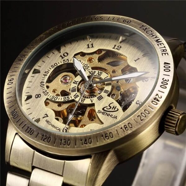 Retro Bronze Tone Skeleton Mechanical Watch (4)