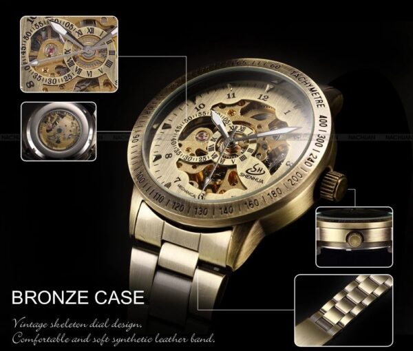 Vintage Retro Bronze Tone Skeleton Mechanical Watch for Men