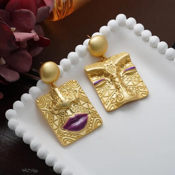 Asymmetric Embossed Gold Portrait Drop Earrings