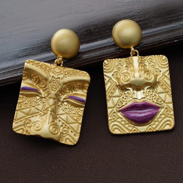 Asymmetric Embossed Golden Portrait Drop Earrings