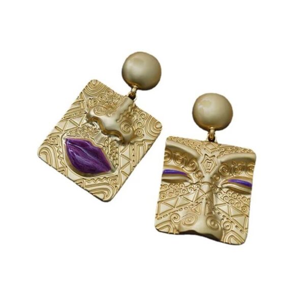 Asymmetric Embossed Golden Portrait Earrings (2)