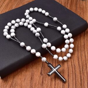 Catholic Cross Howlite Stone Beads Rosary Necklace