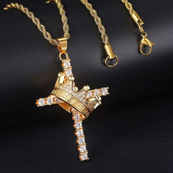 Crown King Pendant Gold Plated Bling Cross Iced Out Necklace (1)