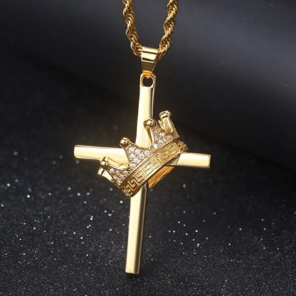 Crown King Pendant Gold Plated Bling Cross Iced Out Necklace (2)