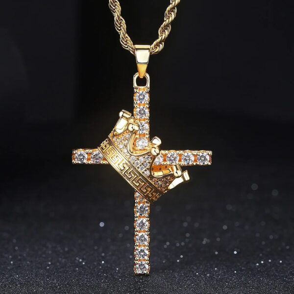 Crown King Pendant Gold Plated Bling Cross Iced Out Necklace (1)