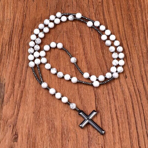 Unisex Catholic Cross Howlite Beads Rosary Necklace (1)