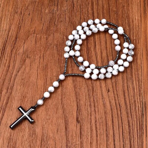 Unisex Catholic Cross Howlite Beads Rosary Necklace (2)